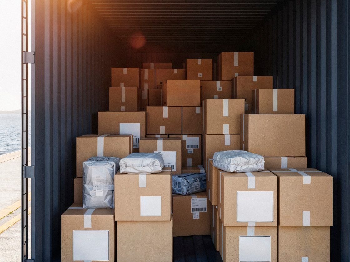 Conteneur ouvert au port : colis des importateurs prêts à être livrés
